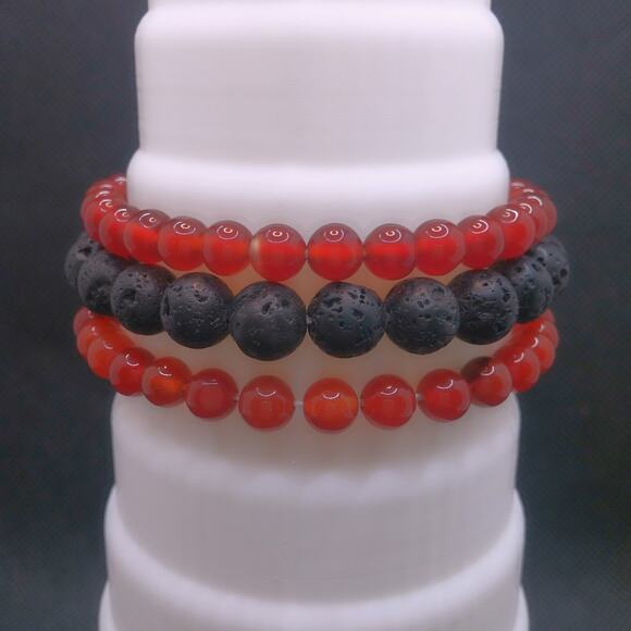 Artisan Carnelian Beaded Bracelet Trio Gemstone Stretch Lava Stones Diffuser NEW - Picture 7 of 13